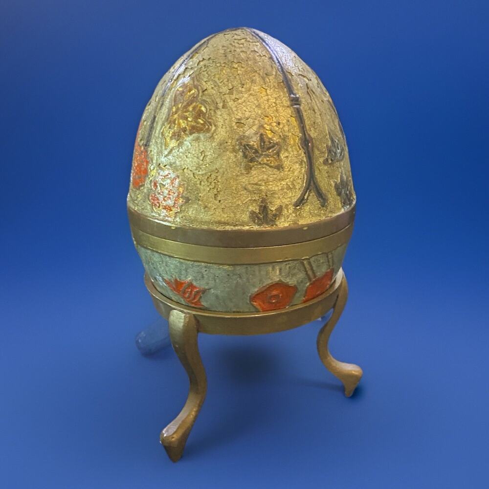 Vintage Cloisonne Enamel Solid Brass Trinket Egg w/Stand India 5.25"x2.75"x2.75"